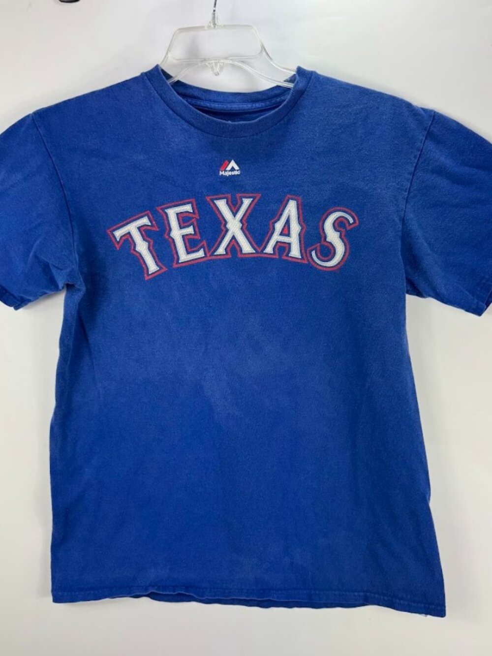 Majestic Texas Rangers Baseball "Texas" Spell Out Logo T Shirt Medium FLAWED